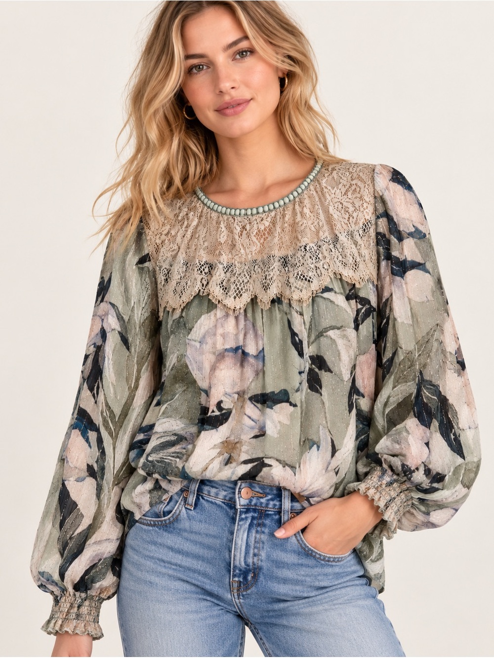 BIANK London Floral Lace Boho Blouse Top Sheer Romantic Size XS